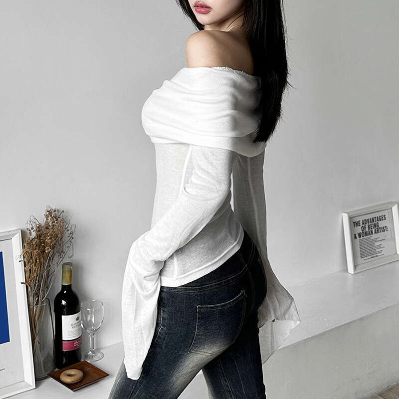 Spring New Women's Solid Color Slim Fit Fashion Off-Shoulder Sexy Backless Long Sleeve T-Shirt B5