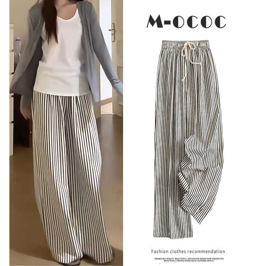 Korean Style Lazy Elastic Waist Striped Casual Summer New Slimming Versatile Thin Straight Long Pants For Women B5
