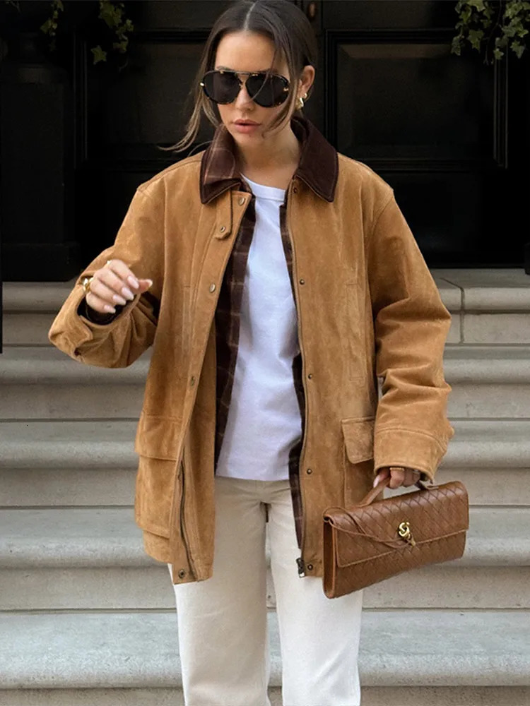 Spring Suede Womens Jacket Fashion Patchwork Lapel Single Breasted Female Coat 2025 Retro Khaki Full Sleeves Loose Lady Coats 250617