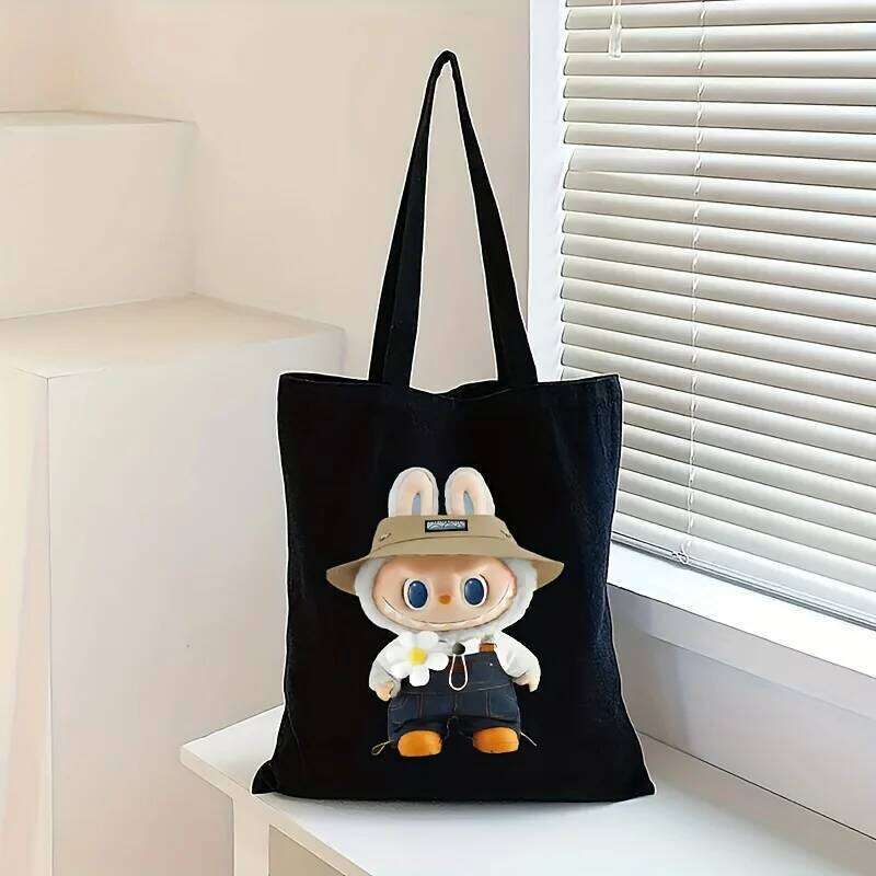 Cute Labubu Print Canvas Tote Versatile Style Durable Women's Reusable Daily Commute Shoulder Bag For Shopping