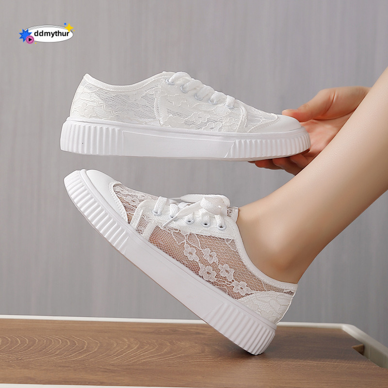 2025 Summer New Trend Lace Mesh Breathable Canvas Shoes Casual Sports White Sneakers ddmythur