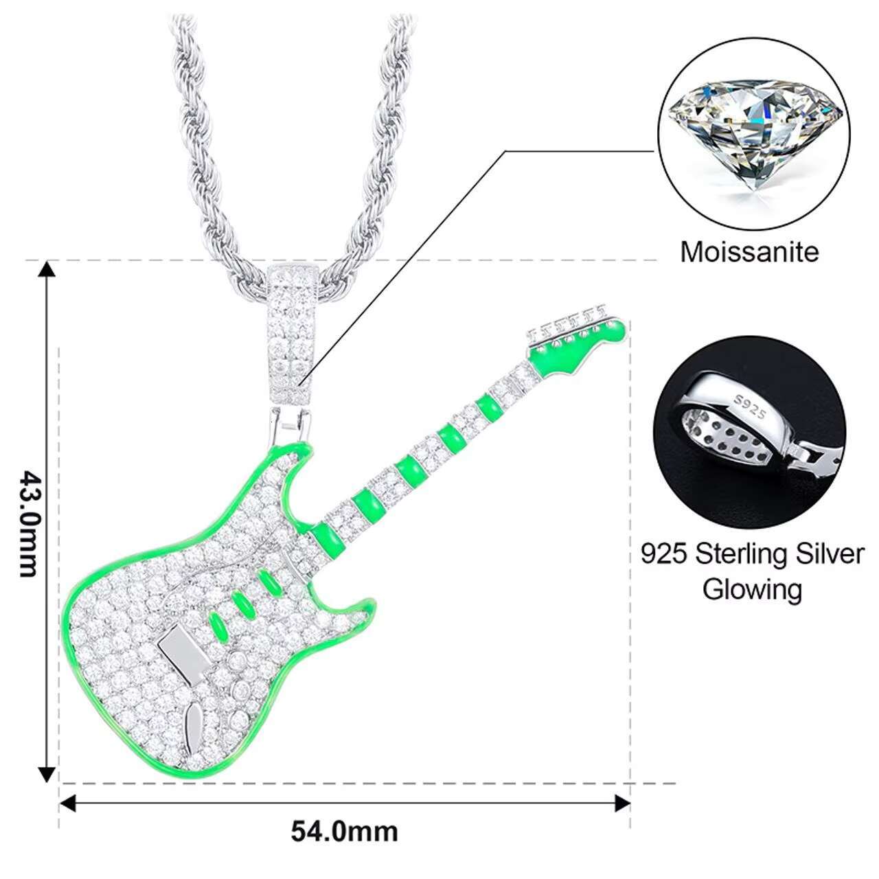 Glow in the Dark Series High Quality 925 Sterling Silver VVS Moissanite Diamond Iced Guitar Pendant Necklace