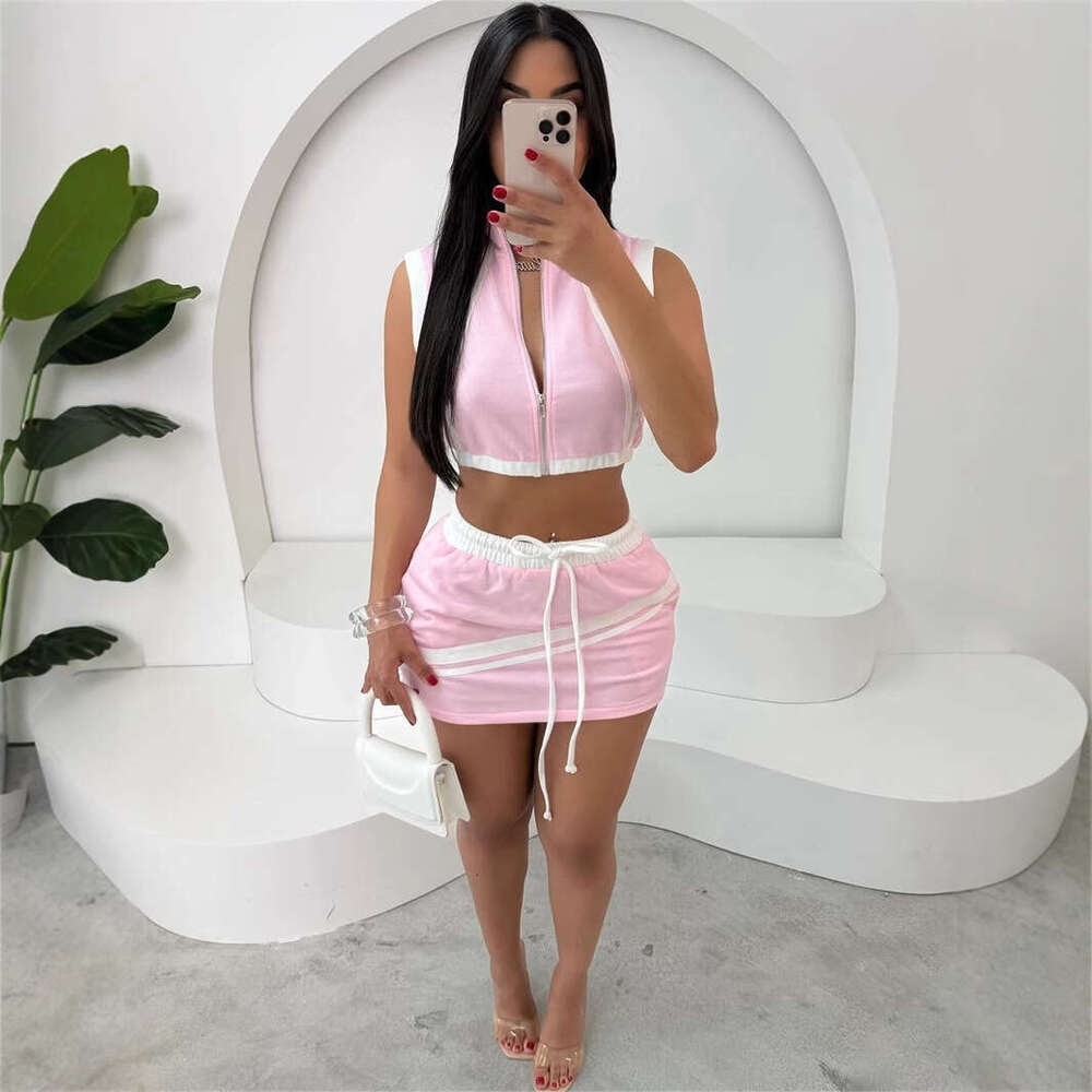 New Fashion Slim Fit Street Zipper Sleeveless Crop Top With Tie Waist Short Skirt Set B5