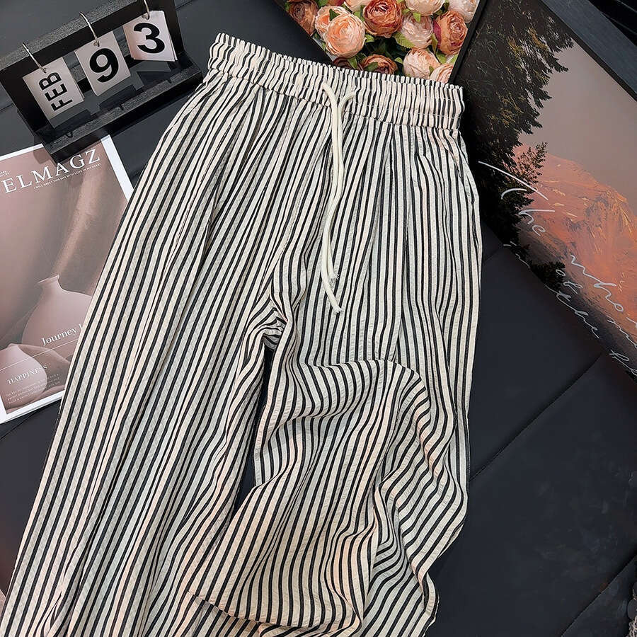 Korean Style Lazy Elastic Waist Striped Casual Summer New Slimming Versatile Thin Straight Long Pants For Women B5