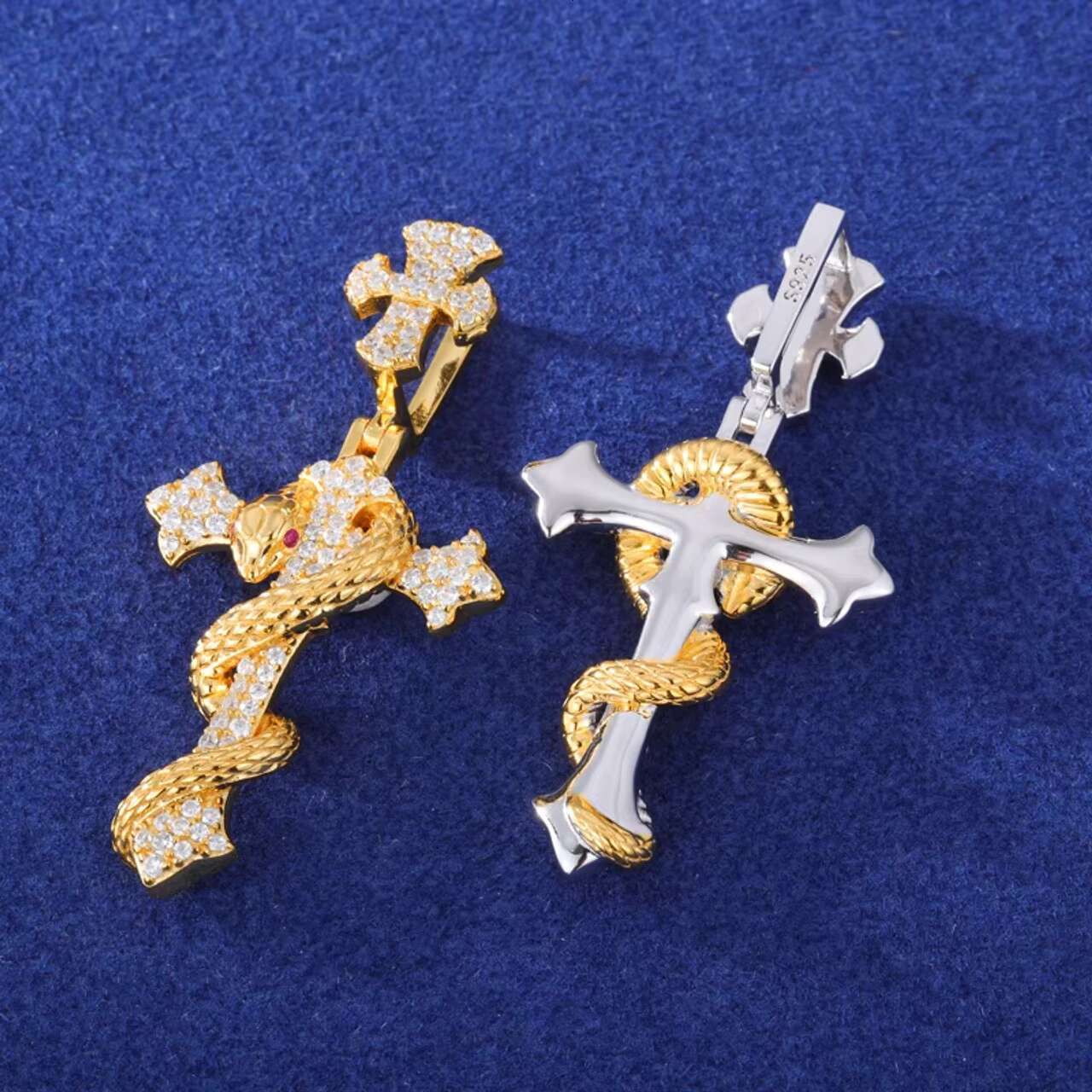 Luxury Mens Moissanite Necklace with Exclusive Solid 925 Sterling Silver Coral Snake Cross Pendant Unique Design