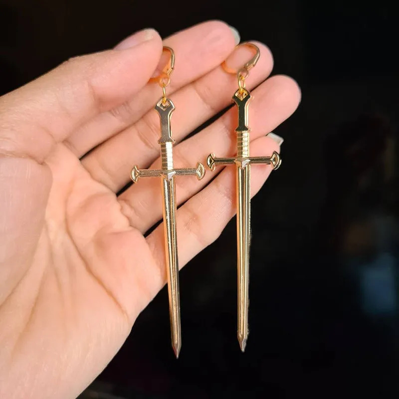 Golden Colour Goth Swords Earrings Long Gothic Medieval Tarot Viking Alternative Statement Women Men Gift Mystical Jewellery 250617