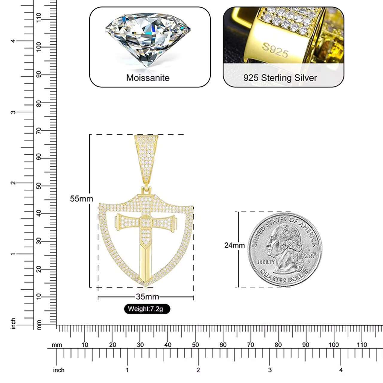 18K Gold Plated 925 Sterling Silver Mens VVS Moissanite Iced Shield Cross Pendant Christian Spiritual Charm