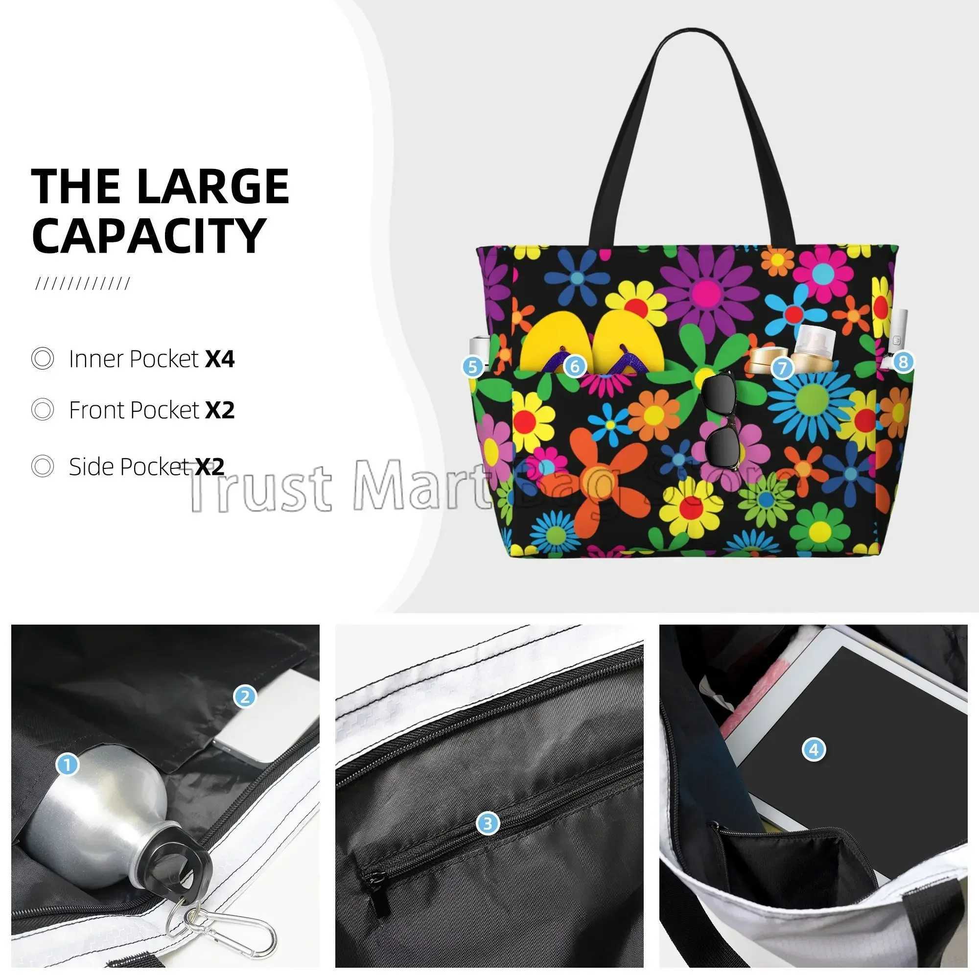 ie Flowers Large Beach Tote Bag Waterproof Sandproof Zipper Beach Tote Bags for Pool Gym Grocery Travel B250618