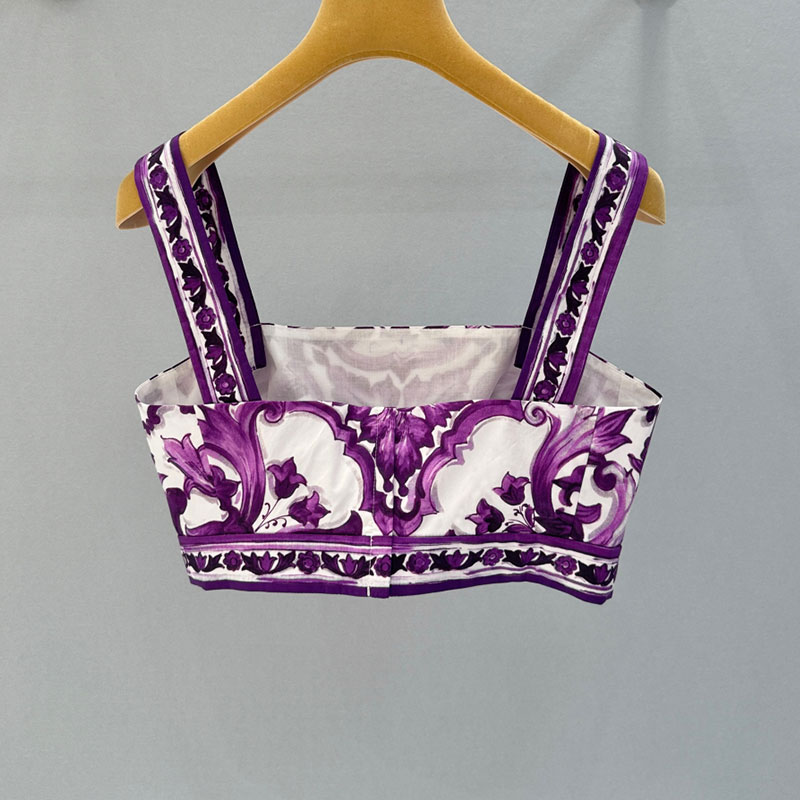 Luxury Women's Purple Printed 100% Cotton Bralette Fashion Runway Sleeveless Crop Top Beach Resort Classic Clothing S0649