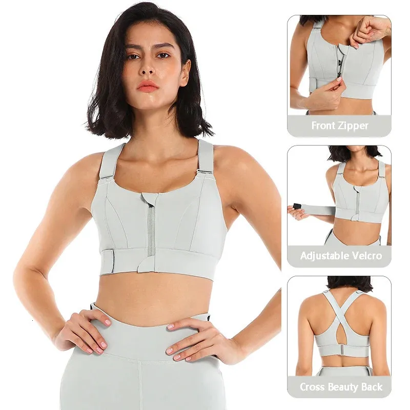 Womens sports bra tight fitting crop top yoga vest front zipper plus size adjustable shoulder straps shockabsorbing shirt gym fitness 241009