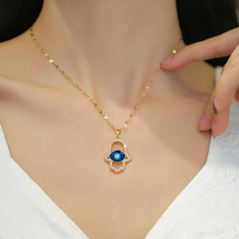 Cubic Zircon Blue Turkish Demon Eye Hamasa Hand Stainless Steel Hand of Fatima Necklace Women Jewelry collares mujer W250618