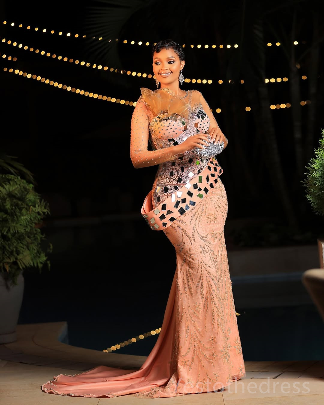 2025 Plus Size Watermelon Aso Ebi Prom Dress Mermaid Prom Dresses Evening Formal Gowns Sheer Neck Long Sleeves Crystals Birthday Dress Second Receptio