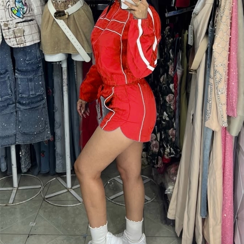Trendy Woman Clothes Y2k Tracksuit Contrast Color Long Sleeve Zip Windbreaker Jacket Shorts 2 Piece Set Outfits 250617