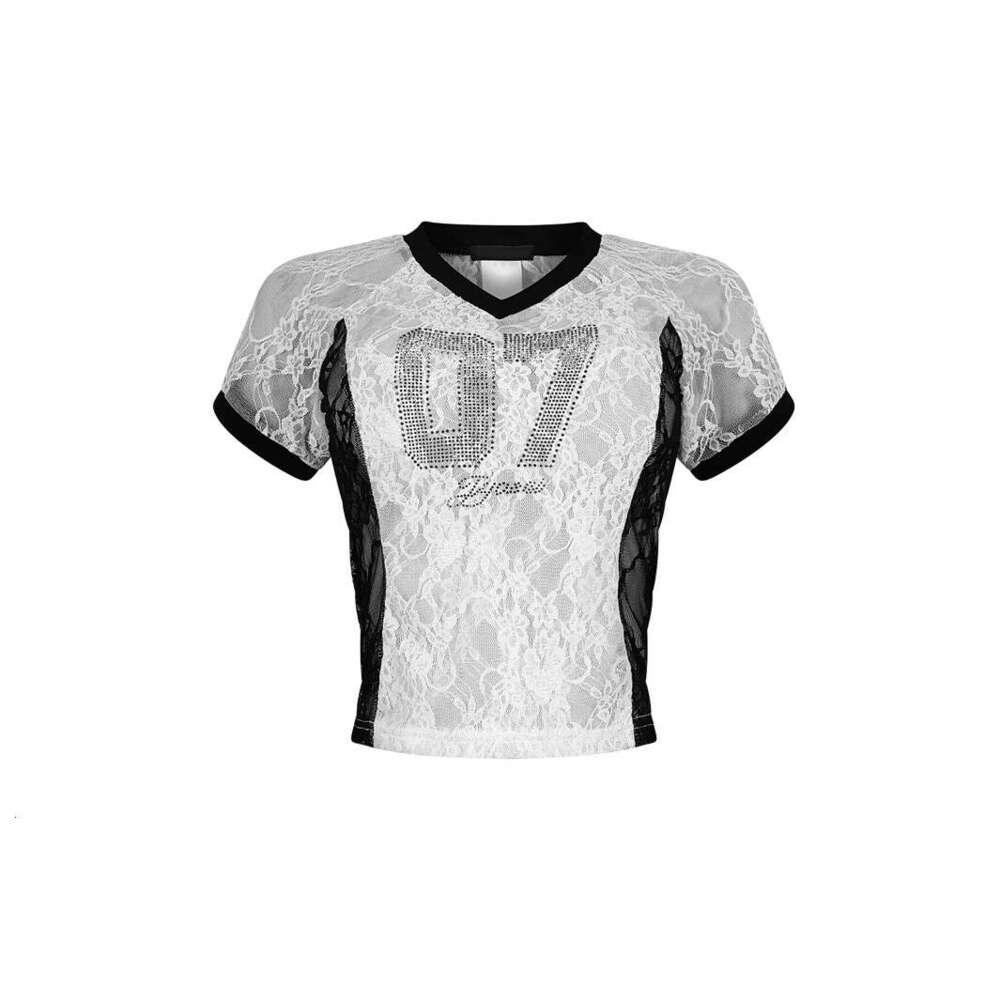 Autumn New Fashion Sexy Slim Lace Sheer Girl Color-Block Short Sleeve V-Neck Top T-Shirt B5