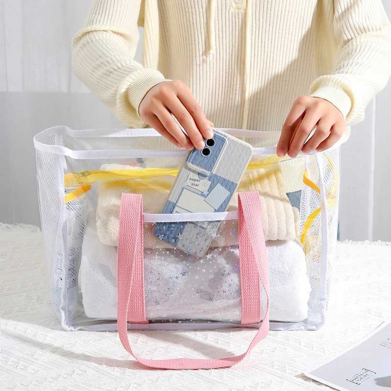 Large Capacity Pvc Waterproof Beach Shoder Bag For Wen Girl Transparent Mesh Hollow Tote Bag Outdoor Swimming Shower Handbag B250618