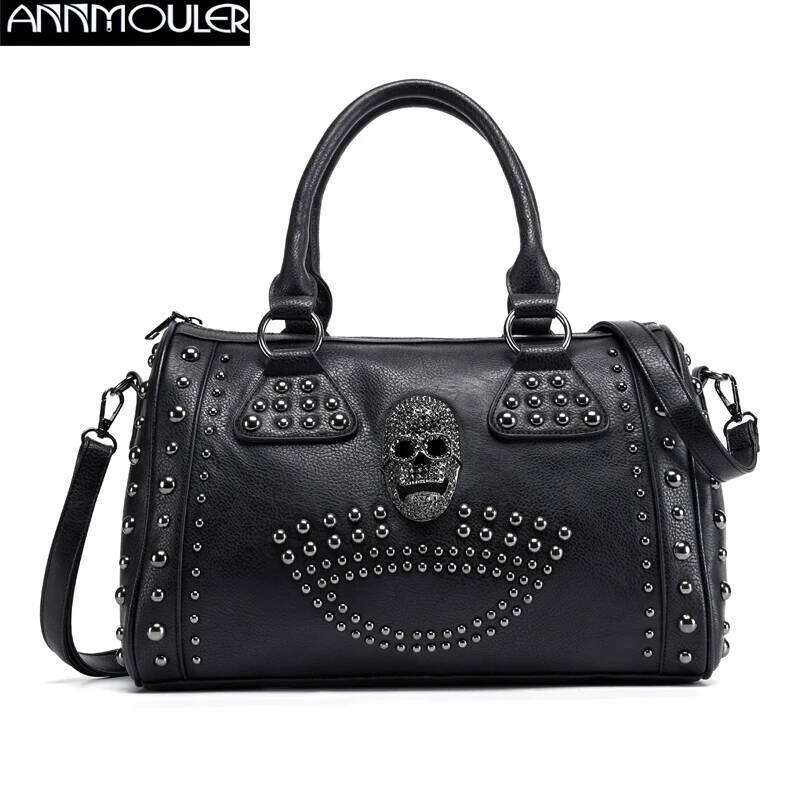Annmouler Women's 2022 Trend Large Capacity Boston Black Skull Handbag Pu Leather Tote Bag Rivet Crossbody Purse