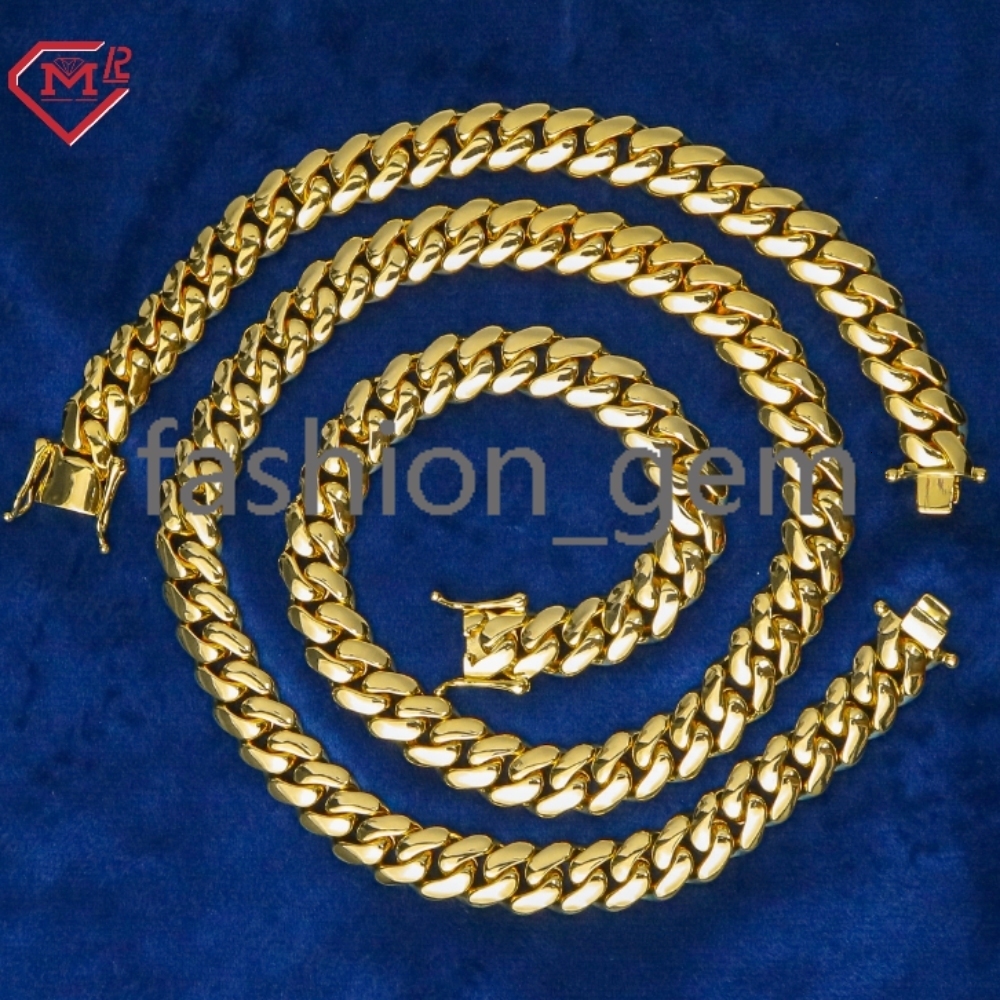 14K Gold Plated Cuban Chains Plain Necklace 10MM Custom Rapper Men Hip Hop Cuban Link Chain