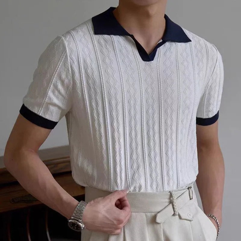 Summer Casual Mens Knitting Tops Vintage Slim Short Sleeve Polo Neck Shirts Men Daily Leisure Contrast Color Patchwork Polo 250618
