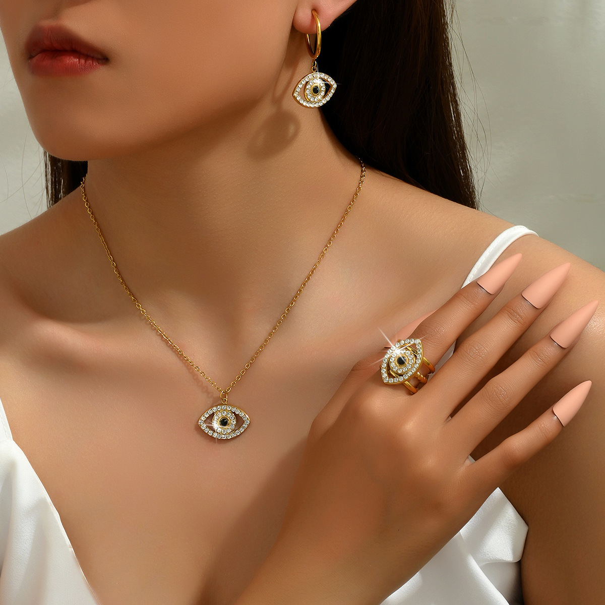 Necklace Set Demon Eye Inlaid Zircon Personality Design Clavicle Chain Versatile Ring Fashion Earrings for Women
