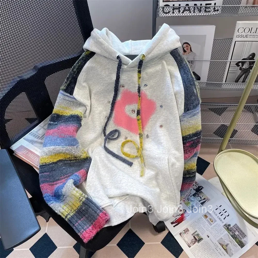 Female Top Sequin Graphic Loose Womens Hooded Sweatshirts Rhinestone Glitter Hoodies Baggy Y2k Style Xxl 90s Vintage Emo Sport