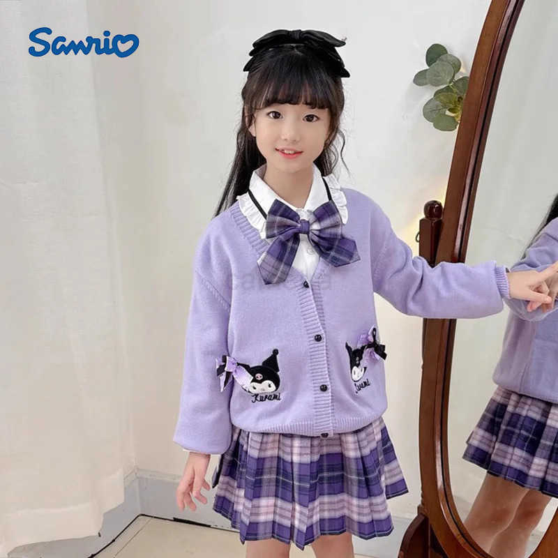 Sanrio Sanrio My Melody Kuromi ChildrenS Cosplay JK Skirt New Anime College Style Knitted Cardigan Pleated Skirt Kids Spring Autumn Set XJ250618