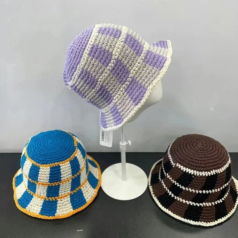 Japanese Korean Color Contrast Plaid Bucket Hat Women Ins Handmade Crochet Hat Summer Vacation Beach Casual Knitted Hat 250618