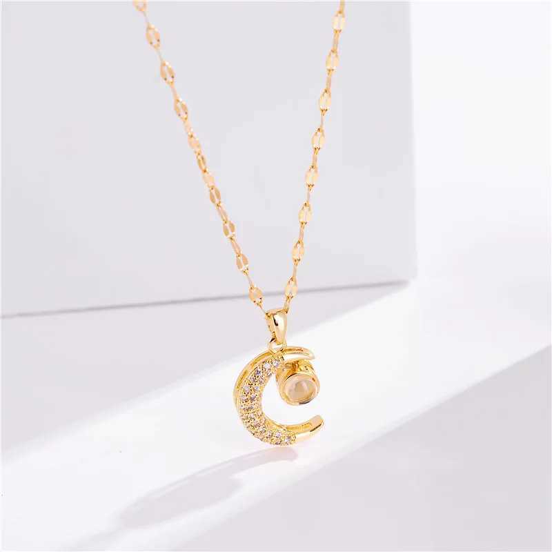 Korean Fashion Cute Crystal Moon Pendant Necklace For Women Romantic Female Stainless Steel Clavicle Chain Jewelry W250618