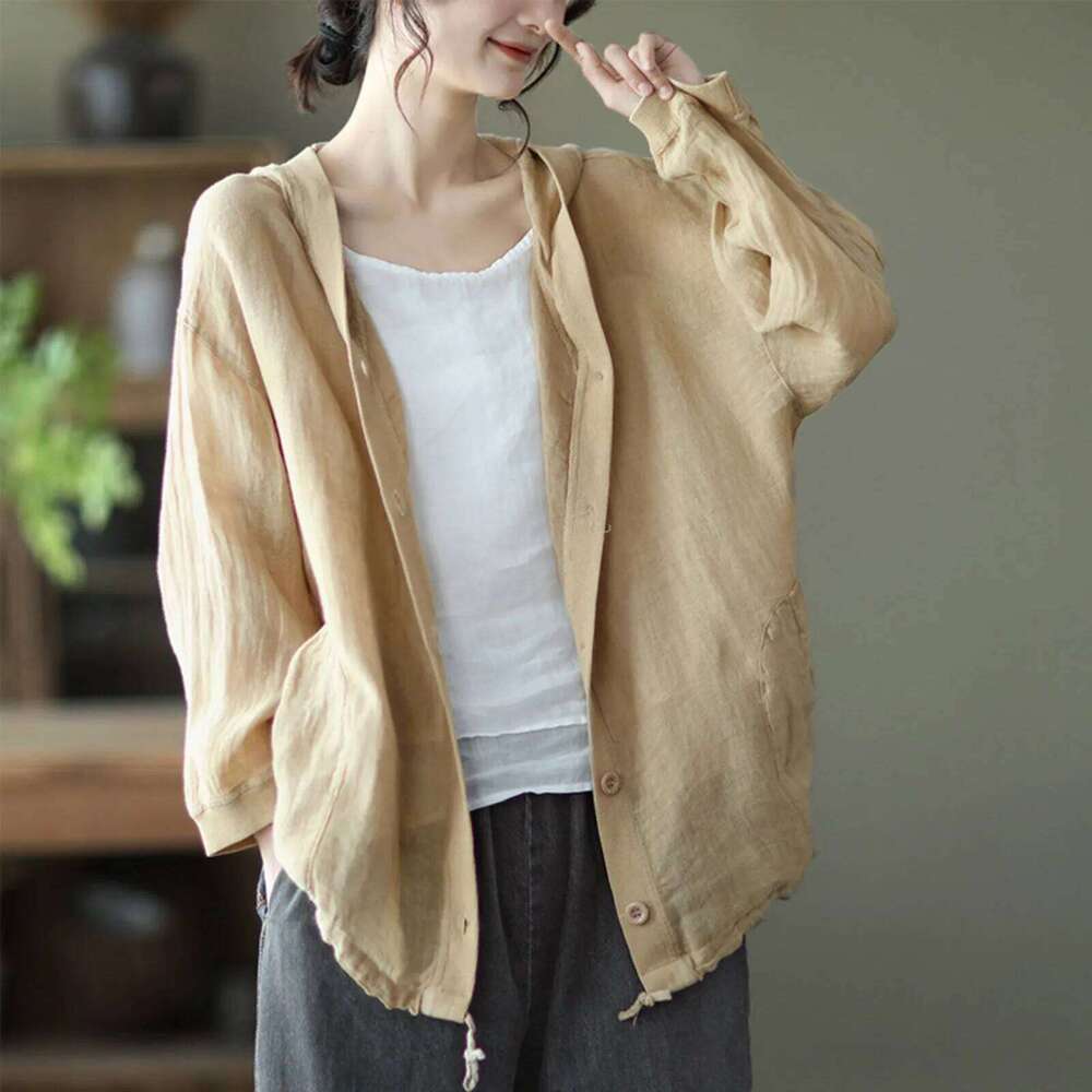 Hooded Button-Up Shirts for Women, Solid Cotton Long Sleeve Blouse, Spring and Autumn Tops, Loose Casual Shirt with Pocket, 2024