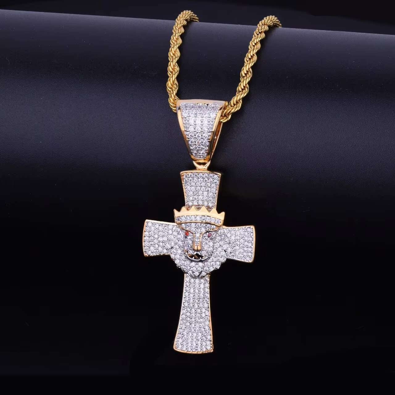 Trendy New Arrivals 18K Gold .925 Silver Lion Crown Iced out Cross Pendant Chain Necklace Design Inspired by the Lion of Judah