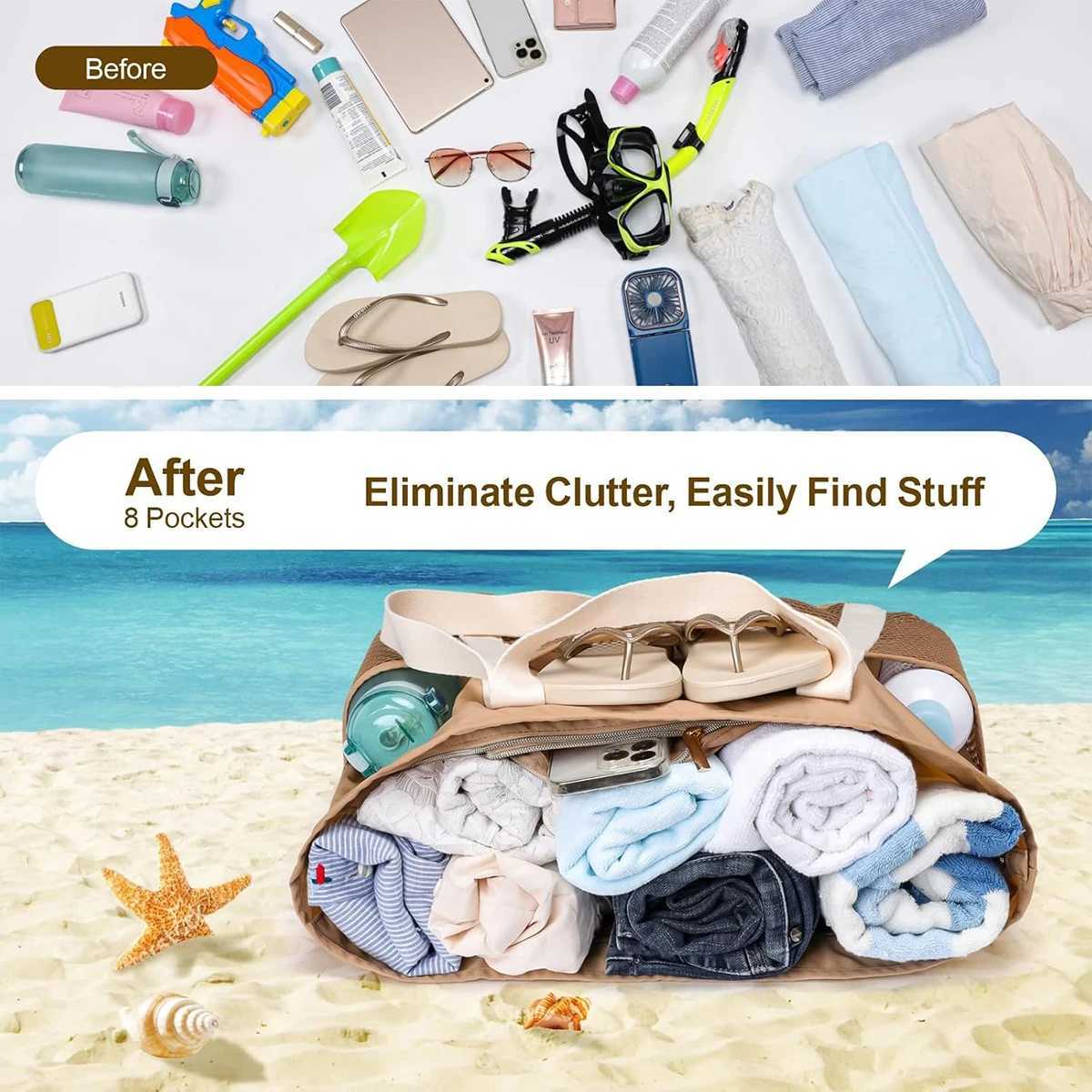 travel tote bag Beach bag sand-proof foldable handbag with zippered mesh pocket daily essentials B250618