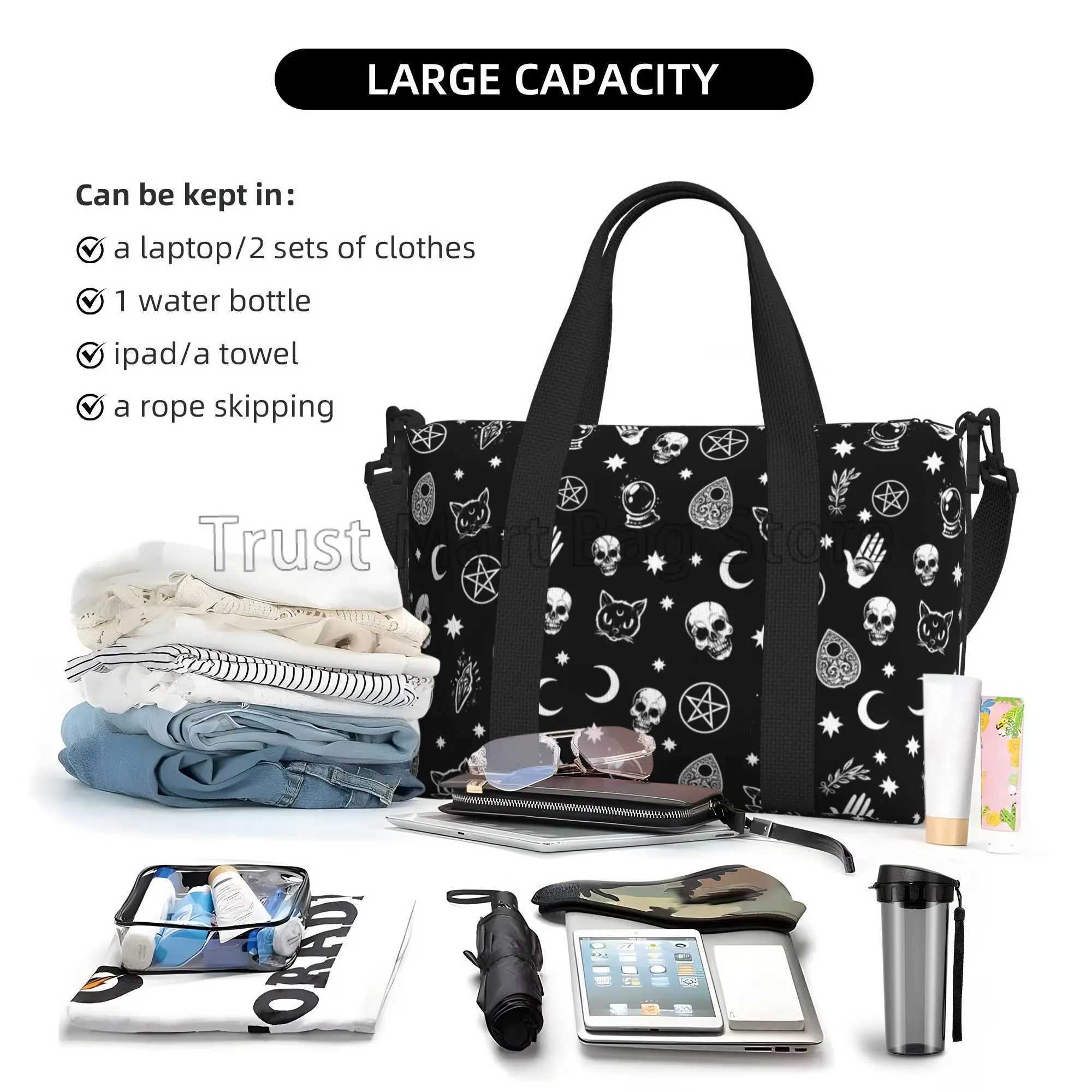 Black Witch Skull Moon Divination Hand Travel Bag Multipurpose Weekender Bags Unisex Casual Waterproof Sports Yoga Luggage Bag W250618