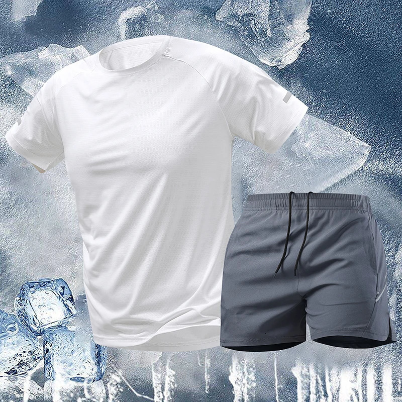 Men Outdoor Fitness Running Casual 5-point Shorts Short Sleeved Set High-quality Ice Silk Simple Natural Summer Comfortable Set 250617