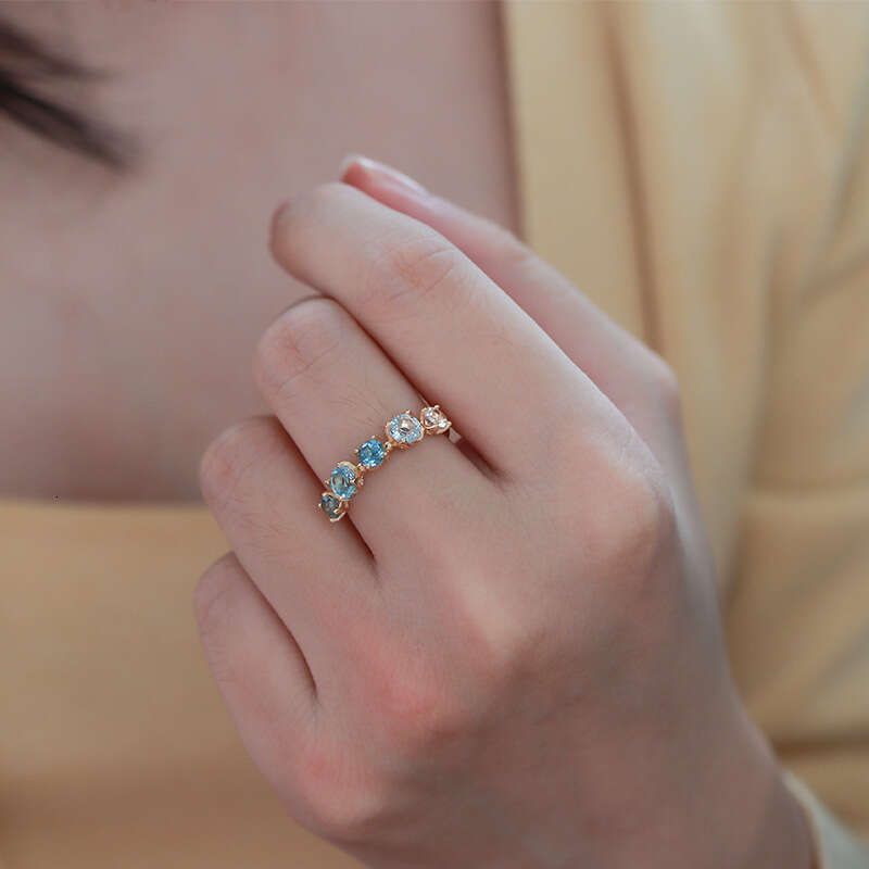New Gradient Blue and White Topaz Multi-Zircon for Women, Gold-Plated Light Luxury Open Ring