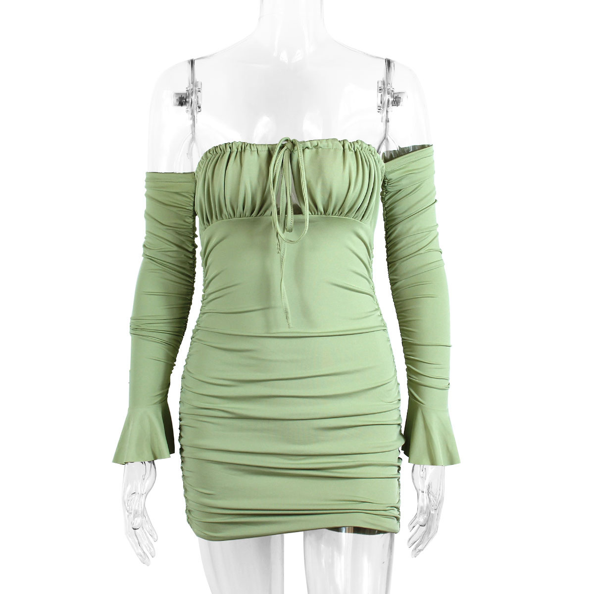 Hot selling womens long sleeved dresses in autumn and winter sexy one collar chest wrapped lace up hip wrapped skirt flared sleeves
