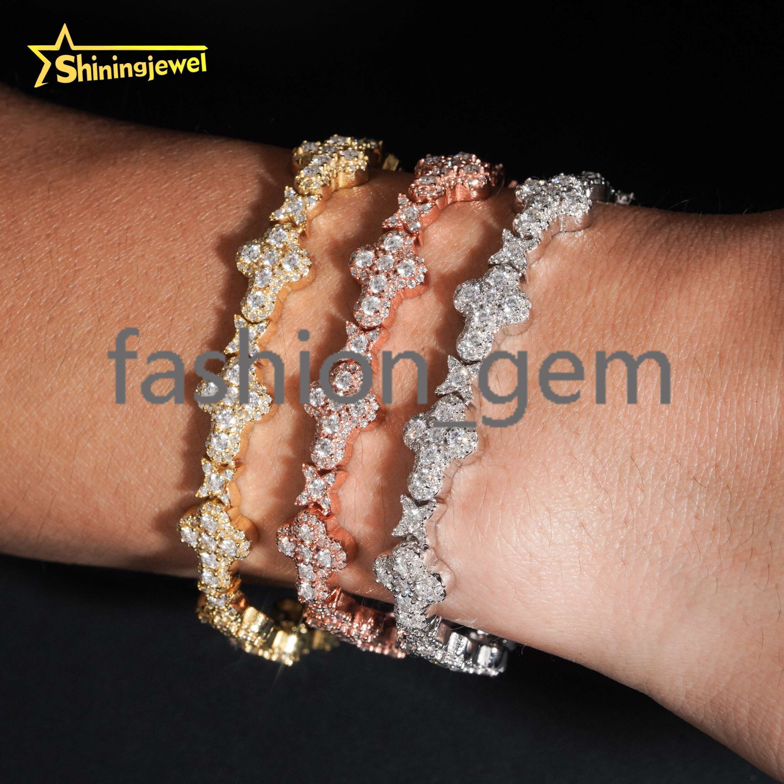 Wholesale Custom Clover Brand Elegant Four-Leaf Clover 925 Silver Gold Plated 10mm Cross Moissanite Bracelet
