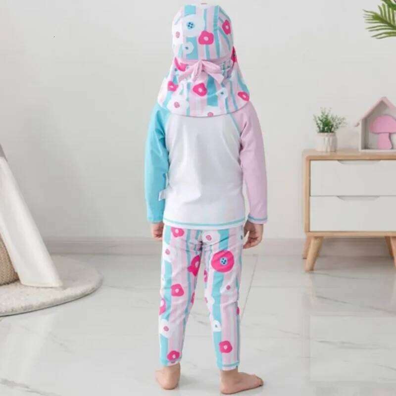 Baby Girls Swimming Summer Sunscreen Long Sleeve Printing Tankini Split Children Bathing Suit Beachwear Bikinis