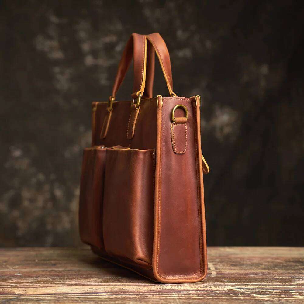 Vintage Men's Briefcase Genuine Leather Casual Trend Handbag High Capacity Shoulder Bag Zipper Pockte For 14 Inch Laptop NUPUGOO