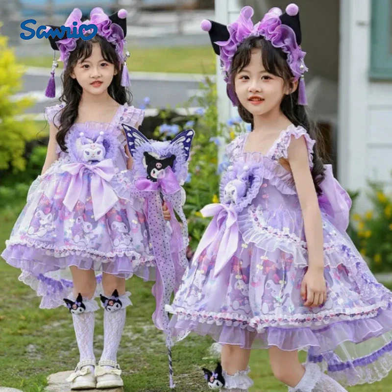 Sanrio Sanrio Kawaii Kuromi Girls Summer Suspender Princess Dress Short Anime Cotton Girly Heart Cute Lolita Skirt Dress Girls Gifts XJ250618