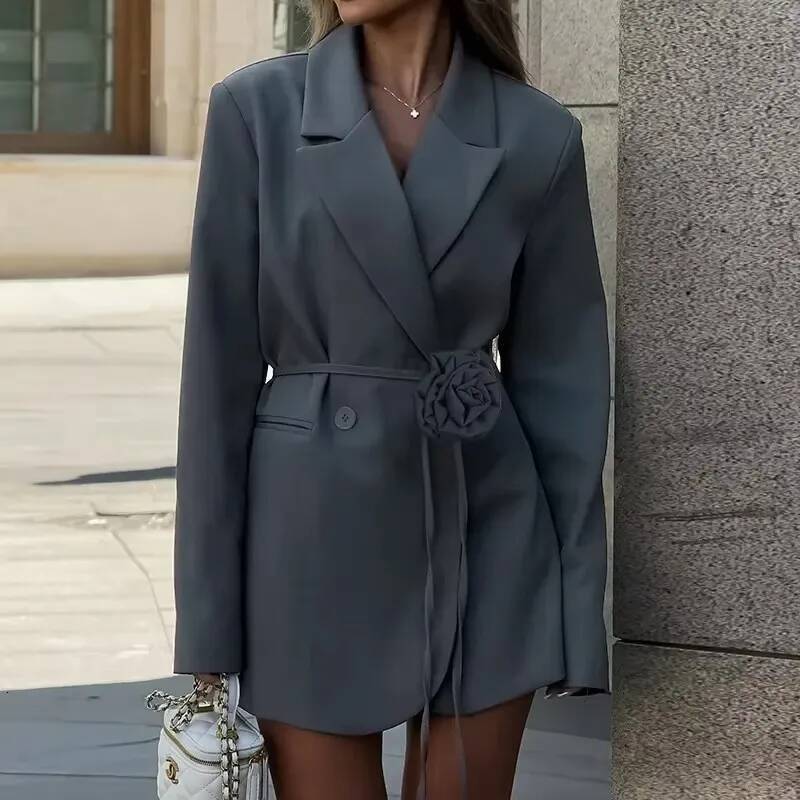 Flower Belt Blazer Coat Women 2025 New Spring Fashion Elegant Loose Pockets Suit Jackets Office Lady Casual Oversized Outerwear