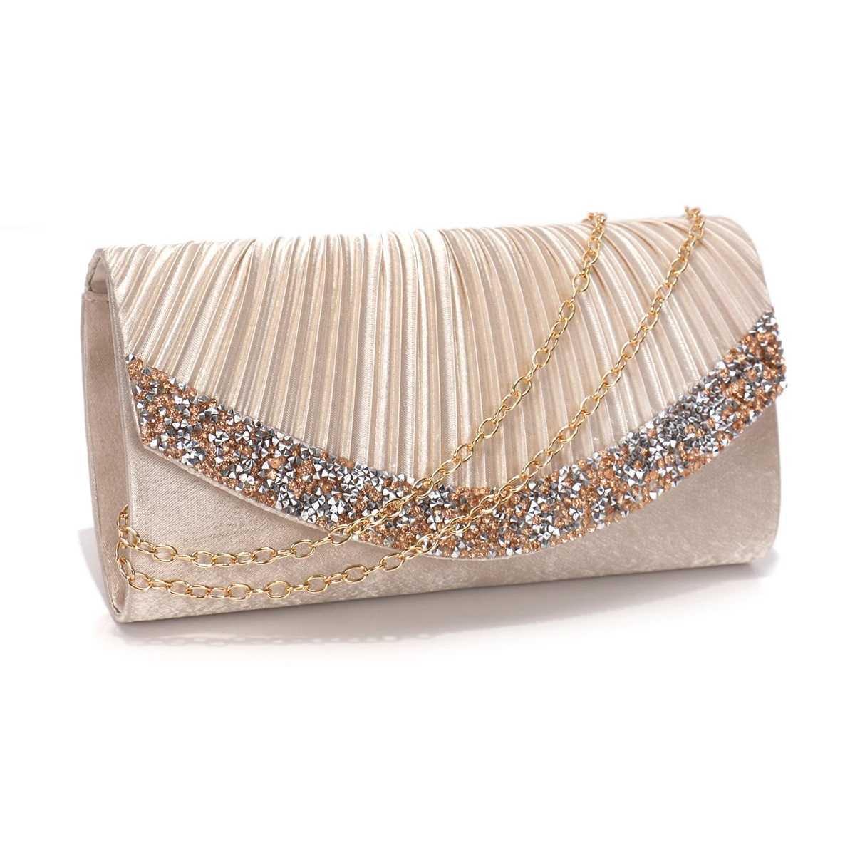 Glitter Envelope Design Women Evening Bags Satin Shoulder Chain Handbags Rhinestones Prom Banquet Purse Z250618