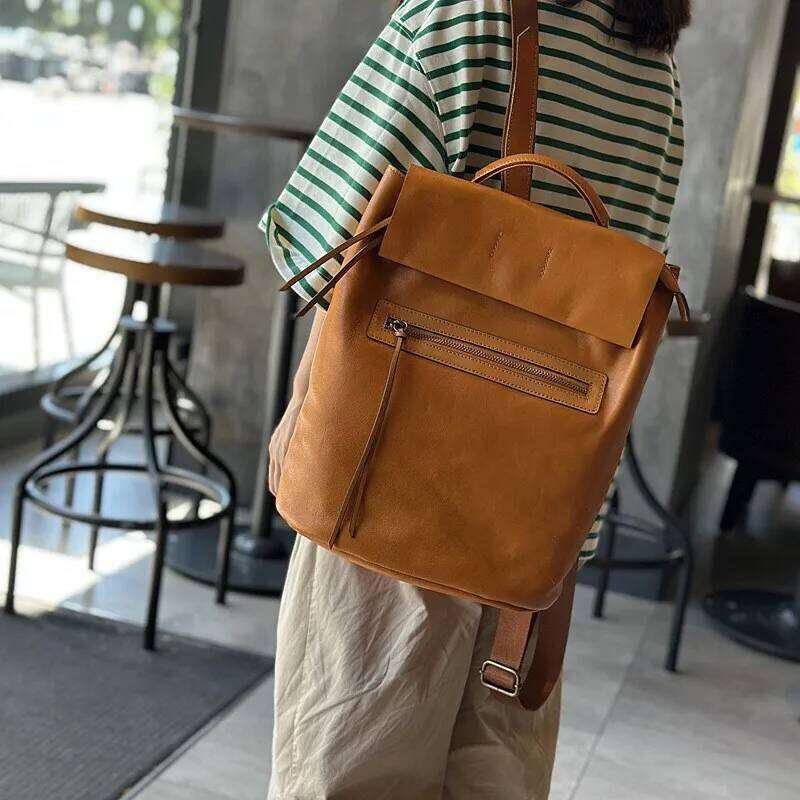 Johnature Casual Backpack Women Genuine Leather Large Capacity Bag 2025 New Retro Solid Color Real Cowhide Travel Backpacks