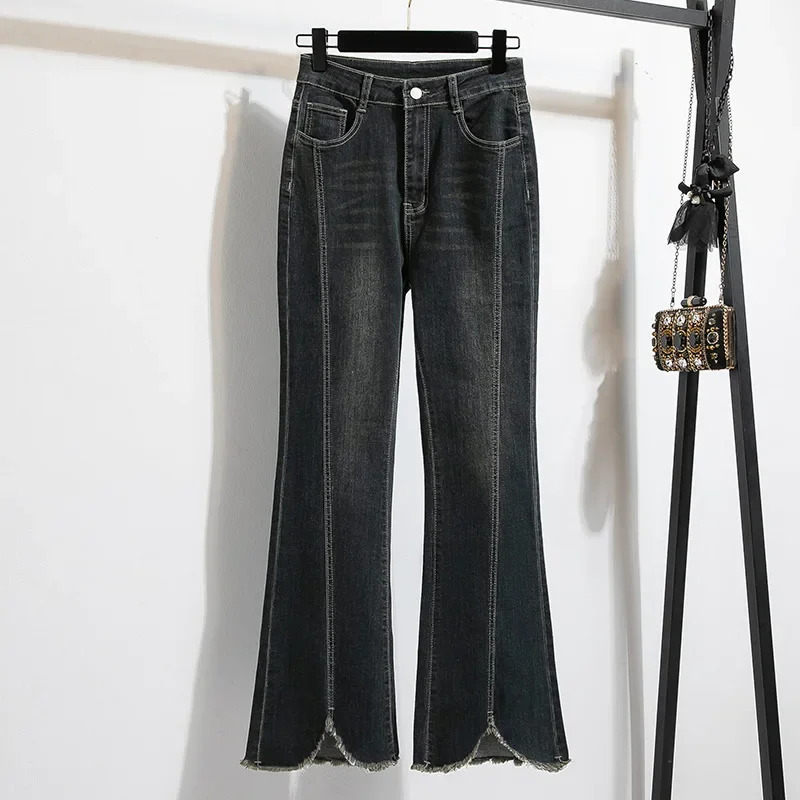 Plus Size Plus Size Slim Fit Micro Flare Jeans Elastic Frayed n Sensation Fat MM Slimming Hip Covering Bell Pants Women 250609