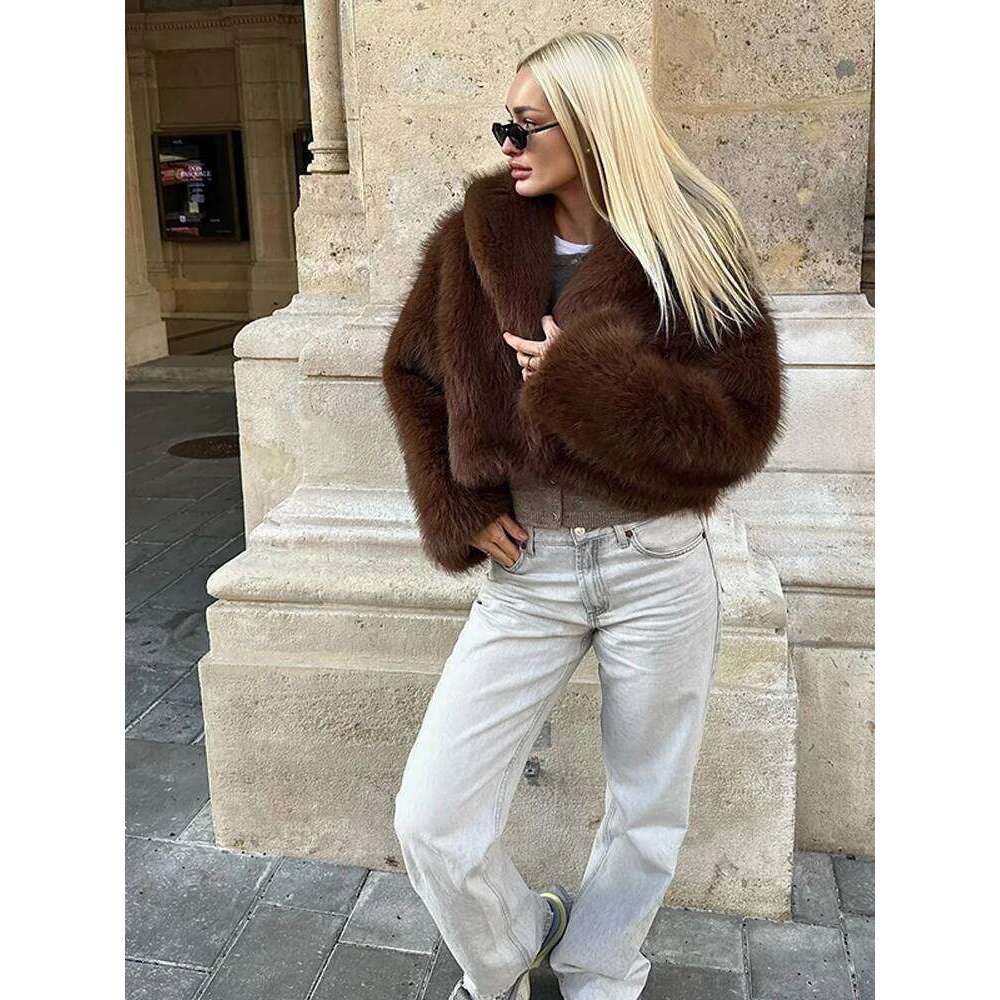 Vintage Lapel Faux Fur Short Coat Women Brown Long Sleeve Warm Thick Loose Jacket 2024 Autumn Winter Lady High Street Outwear