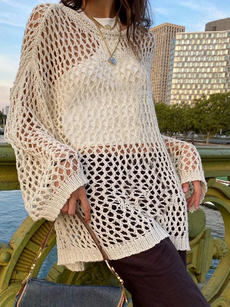 Fashion Vintage Hollow Out T-shirt Casual Knit Pullovers Loose Y2K T-shirt Crew Neck Thin Sweater Pullovers Elegance Street Wear 250614