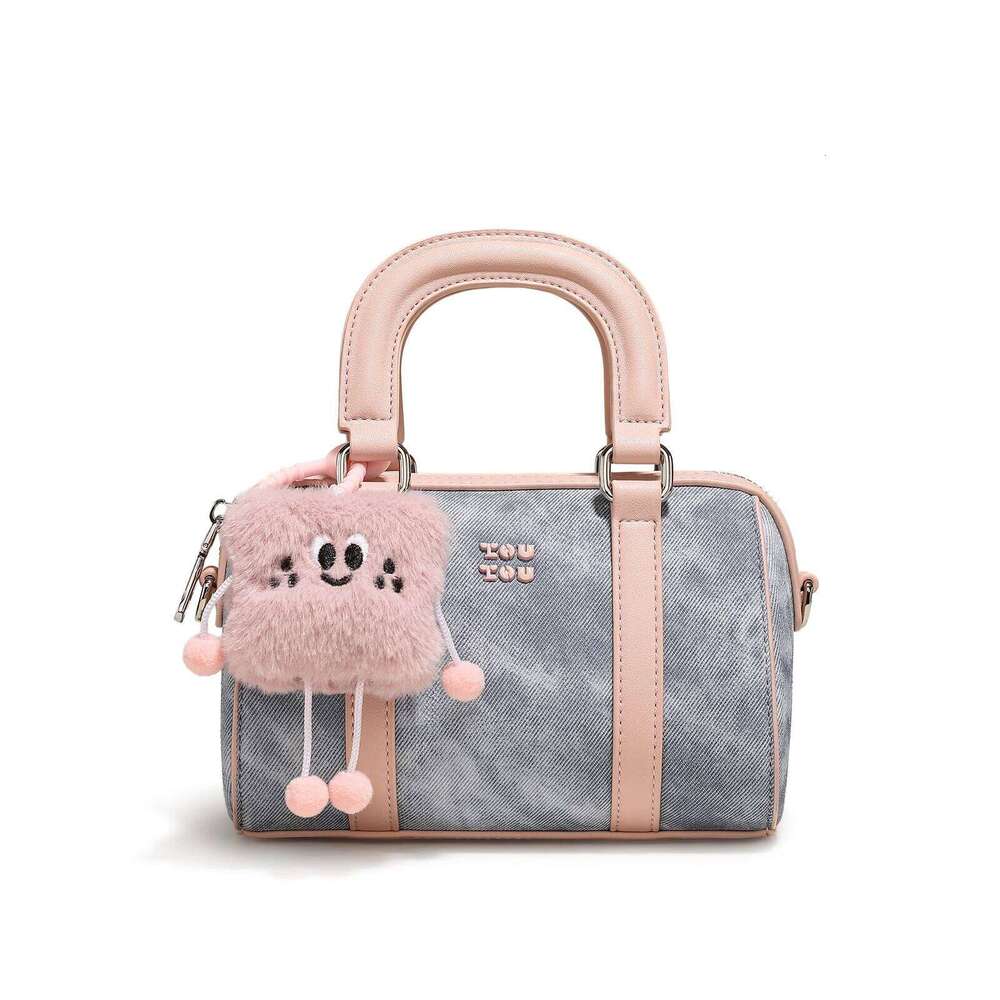TOUTOU Bowling Bag Women Blue PU Leather Boston Shoulder Crossbody Handbag With Pendent Original Valentine's Gift For Girl