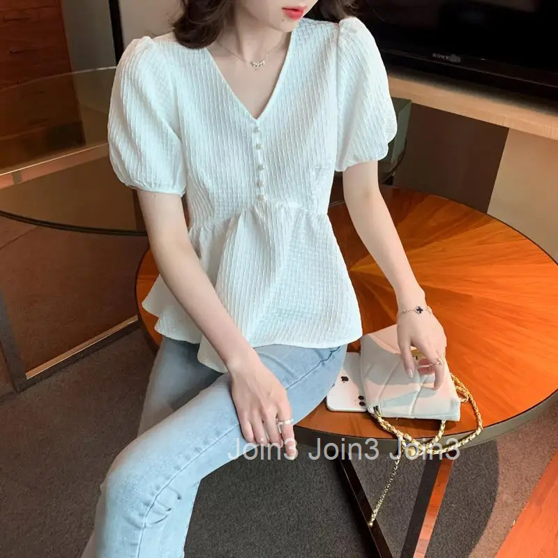 Clothing Ruffle Womens Shirts and Blouses Frill Top for Woman Chiffon with Puffy Sleeves V Neck White Tall Elegant Social M Y2k