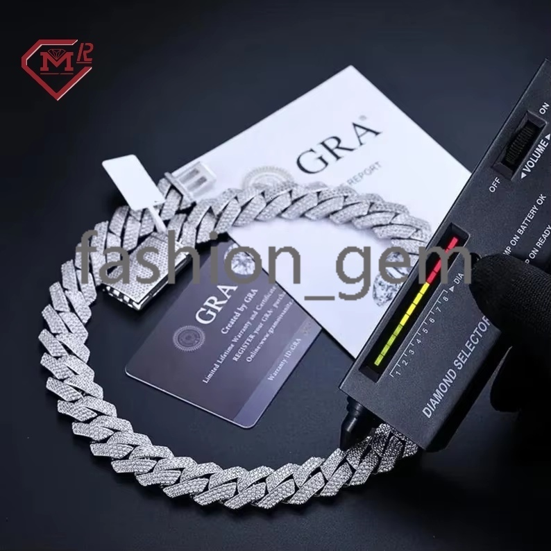 15mm Cuban Link Chain Hiphop Rappers Necklace Tight 925 Silver Vvs Iced Out Moissanite Cuban Chain