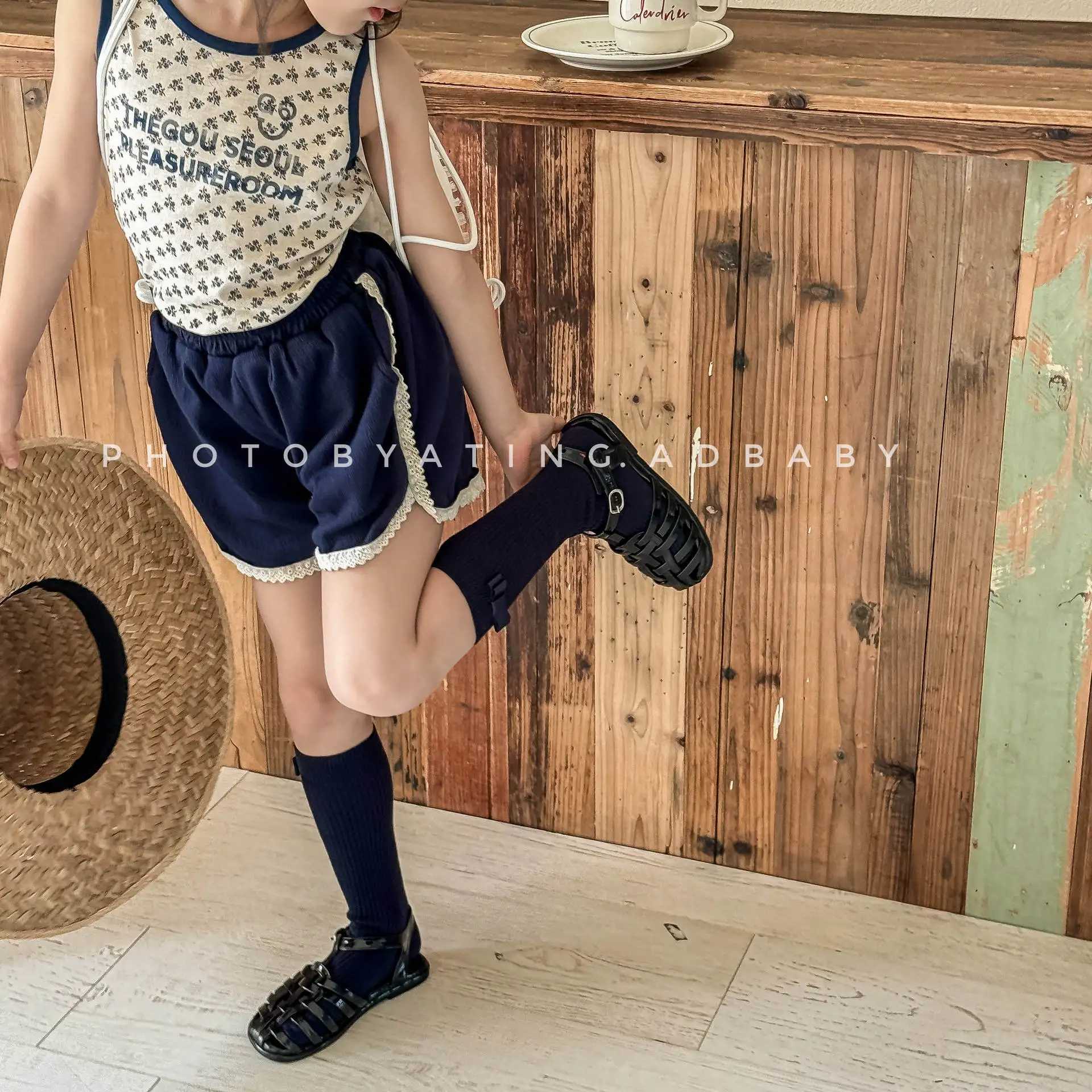 Girls Lace Shorts 0-6 Years 2025 Summer New Children Cotton Casual Pants Baby Girl Gray Blue Loose Shorts Fashion Kids ClothesC250617