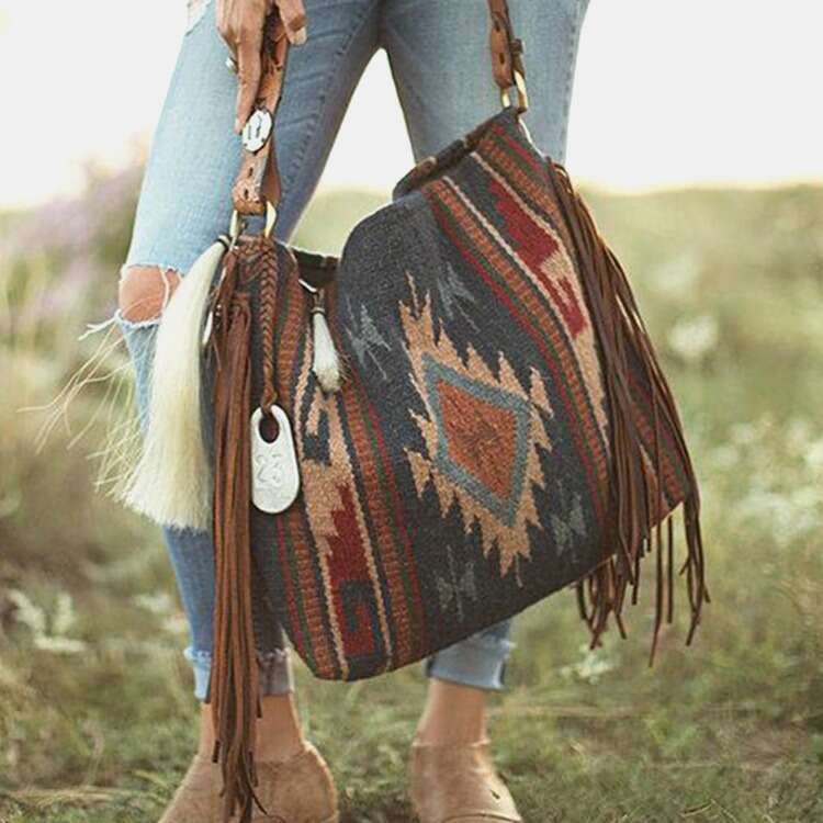 Bohemian Handwoven Fringe Cotton Linen Single Shoulder Large Bag For Women B5