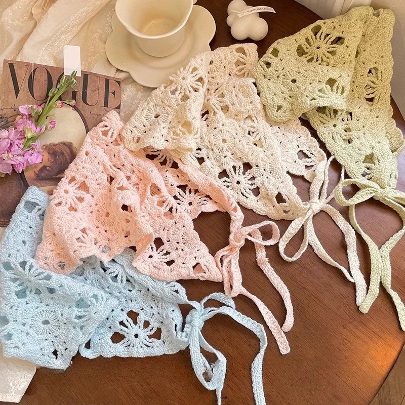 Hat French Pastoral Style Triangle Headband Handmade Fashion Knitted Headscarf Crochet Headband Towel Retro Flower Headscarf 250617